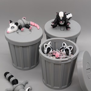 Flexi Trash Animals Duo, 3D Printed Fidget Toys, Raccoon, Opposum, Skunk, Red Panda with Mini Trash Can, and Trash!