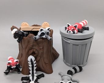 Dúo de animales de basura flexibles / Juguetes antiestrés impresos en 3D / Mapache / Zarigüeya / Mofeta / Panda rojo con mini contenedor