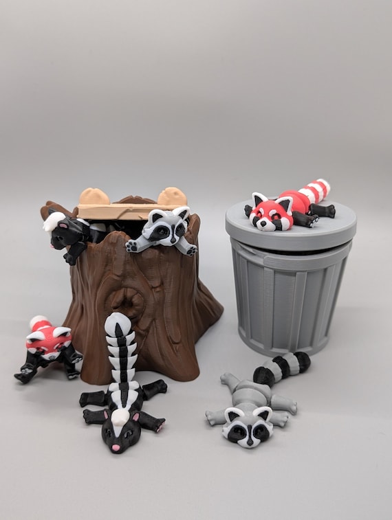 Flexi Trash Animals Duo, 3D Printed Fidget Toys, Raccoon, Opposum, Skunk, Red Panda with Mini Trash Can, and Trash!
