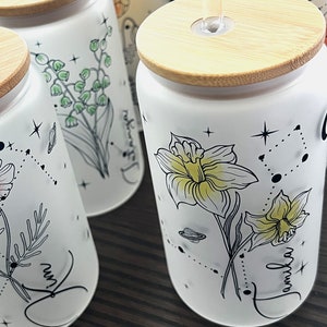 Custom Birth Flower Glass Tumbler, Personalized Name Iced Coffee Cup