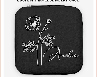 Custom Flower Jewelry Case, Personalized Birth Flower Jewelry Box, Birthday Gifts, Gift for Her, Travel Jewelry Organizer, Birth Month Box
