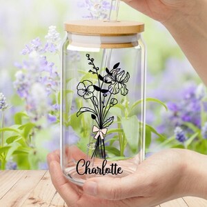 Personalized Iced Coffee Cup Gift, 16oz Glass Cup, Custom Beer Can Glass with Lid and Straw, Bridesmaid Proposal Gift Glass can coffee cup