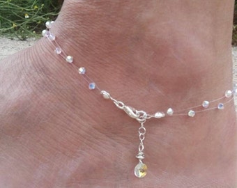 Minimalist 2 Strand Anklet: Crystal Aurore Boreale Swarovski Elements, Iridescent * Nylon * Invisible * Illusion * Floating Wedding Anklet