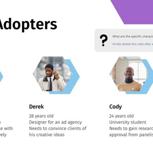 May include: A slide titled "Early Adopters" shows three people in hexagonal frames. Alice, 33, a tech firm director; Derek, 28, an ad agency designer; and Cody, 24, a university student, are listed with their needs.