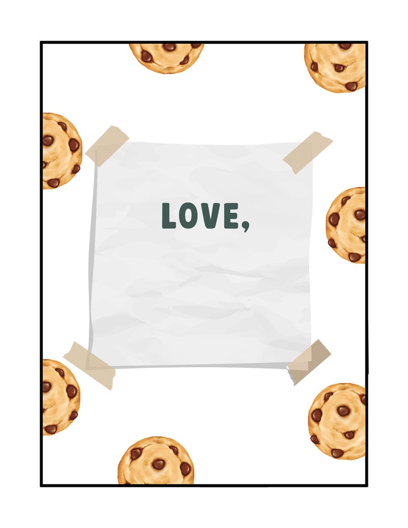 May include: A white piece of paper with the word "LOVE," written on it is taped to a white background. The paper is surrounded by chocolate chip cookies.