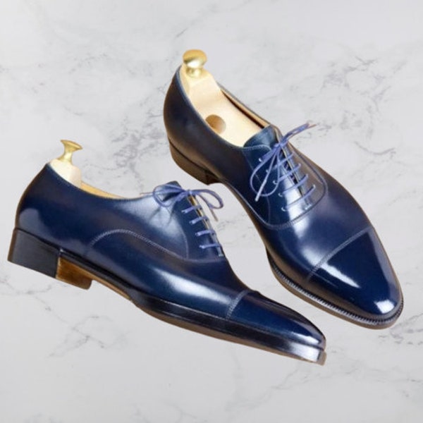 Handmade Navy Blue Leather Oxford Shoes | Goodyear Welted | Cowhide Leather Men's Oxfords