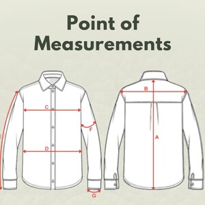 May include: Diagram showing the points of measurement for a shirt. The measurements are labeled with letters A through G.