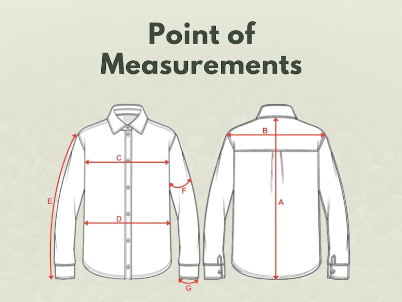 May include: Diagram showing the points of measurement for a shirt. The measurements are labeled with letters A through G.