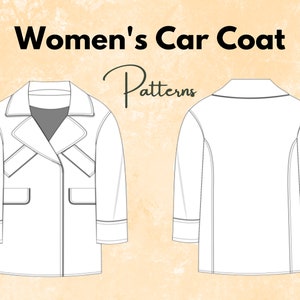 Könnte beinhalten: Strichzeichnung eines Schnittmusters für einen Auto-Mantel, mit Vorder- und Rückansicht. Die Vorderansicht hat einen Reverskragen, zwei Taschen und ein doppeltes Brustdesign. Der Text "Women's Car Coat Patterns" befindet sich oben im Bild.