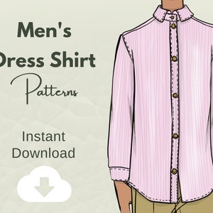 May include: Illustration of a pink striped dress shirt with a button-up front and long sleeves. The text "Men's Dress Shirt Patterns" and "Instant Download" is displayed above the shirt.