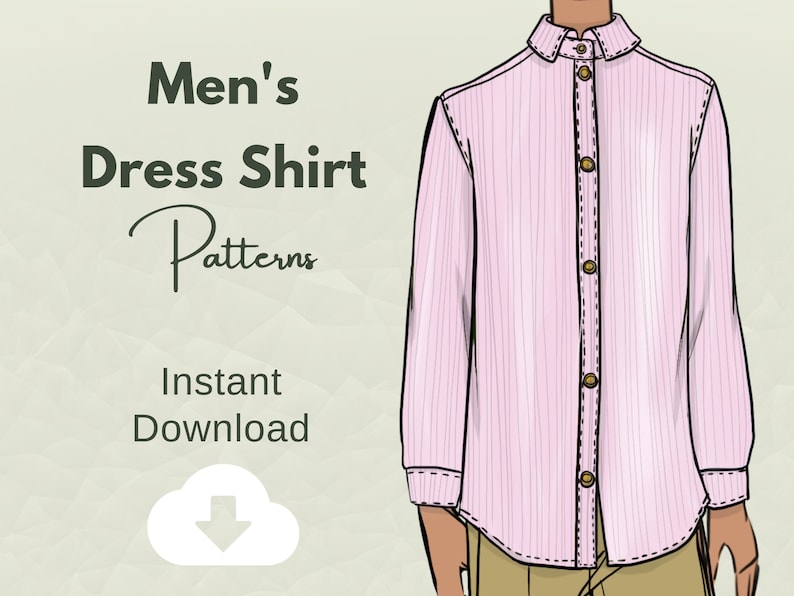 May include: Illustration of a pink striped dress shirt with a button-up front and long sleeves. The text "Men's Dress Shirt Patterns" and "Instant Download" is displayed above the shirt.