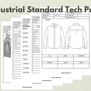 May include: A black and white technical drawing of a dress shirt with measurements and details for garment production. The drawing includes a flat sketch of the front and back of the shirt, as well as a table for fabric and thread specifications.