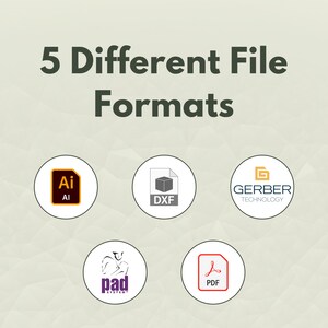 May include: Five different file formats are shown in white circles on a light gray background. The formats are: Ai, DXF, Gerber Technology, Pad System, and PDF.