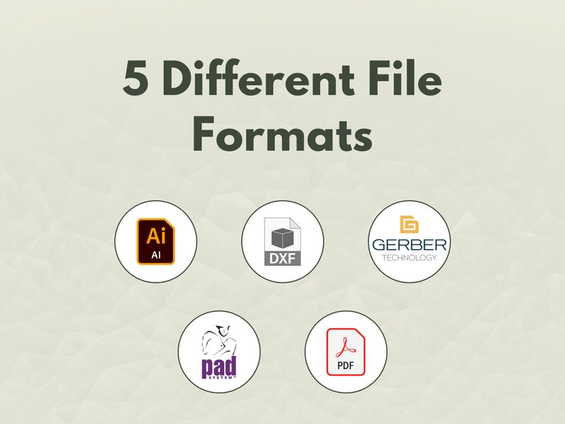 May include: Five different file formats are shown in white circles on a light gray background. The formats are: Ai, DXF, Gerber Technology, Pad System, and PDF.