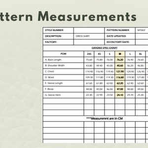 May include: A chart showing pattern measurements for a dress shirt in various sizes, including 2XS, XS, S, M, L, XL, and 2XL. The measurements are listed in centimeters and include back length, shoulder width, chest, waist, sleeve length, bicep, and sleeve hem.