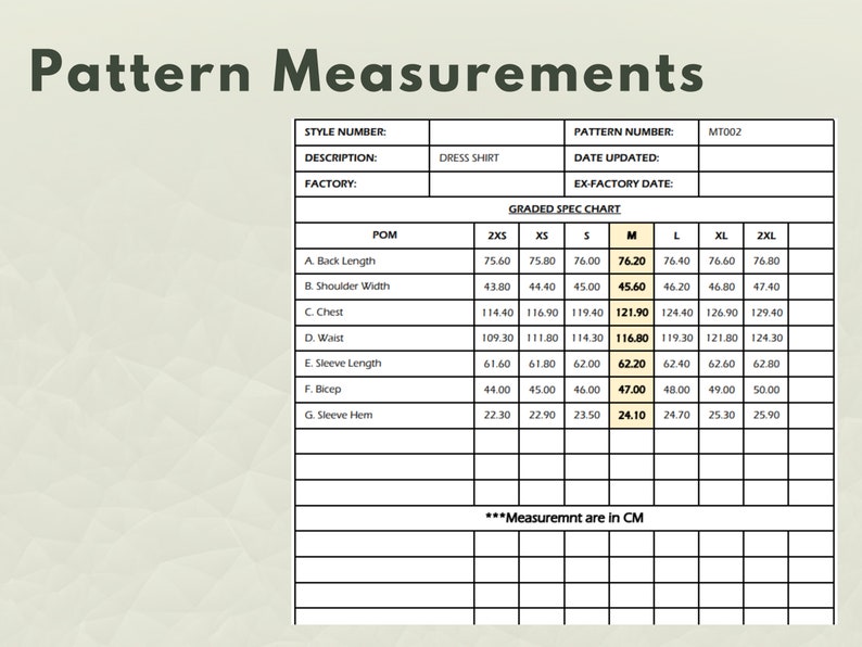 May include: A chart showing pattern measurements for a dress shirt in various sizes, including 2XS, XS, S, M, L, XL, and 2XL. The measurements are listed in centimeters and include back length, shoulder width, chest, waist, sleeve length, bicep, and sleeve hem.