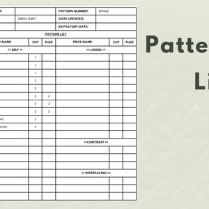 May include: A pattern list for a dress shirt with the pattern number MT002. The list includes the piece name, cut, and fuse for different parts of the shirt, such as the front, back, sleeves, and collar.