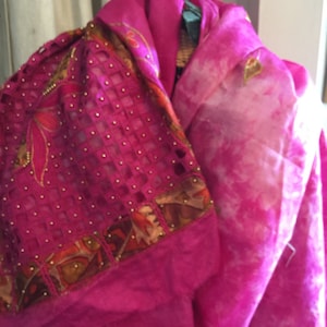 PINK (the Navy Blue of India) Tie Dye SARI w/ cutwork, gold beads,embroidery 8 YDS