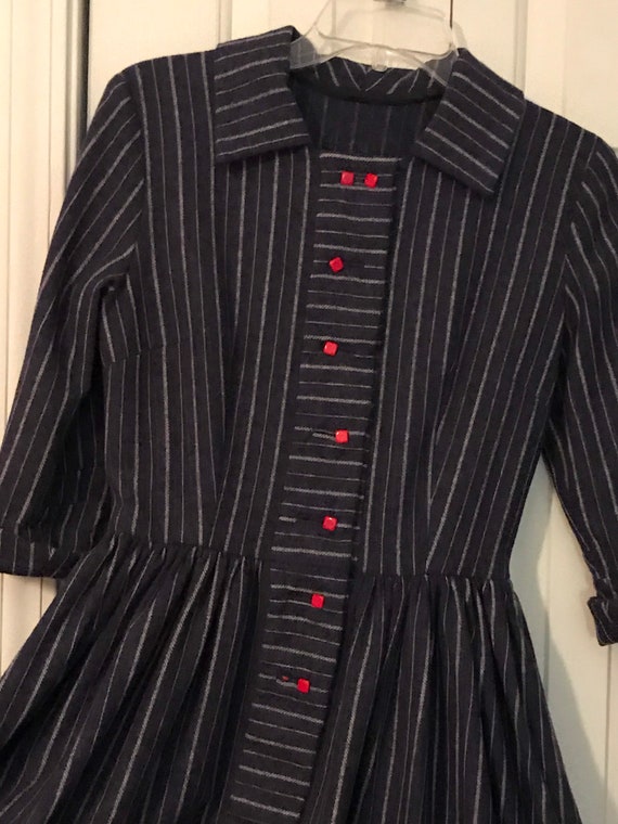 60s Blue Wool Pinstripe Shirtwaist Dress