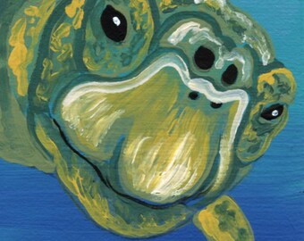 ACEO ATC Original Gouache Miniature Painting/Loggerhead Turtle/Wildlife/ Portrait Art-Carla Smale