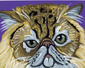ACEO ATC Original Gouache Miniature Painting/Brown Persian Cat/Pet/ Portrait Art-Carla Smale