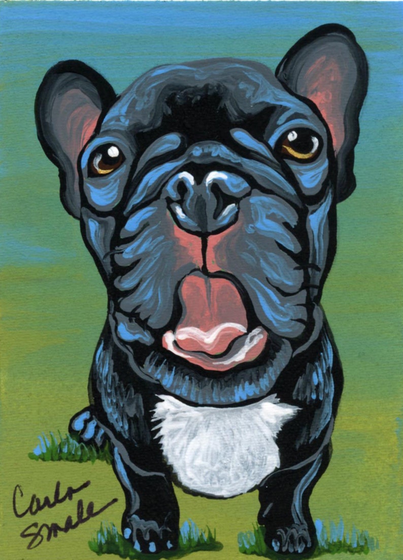 ACEO ATC Blue French Bulldog Original Gouache Painting Pet Dog Art-Carla Smale