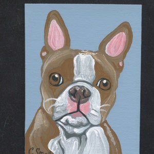 Peinture miniature à la gouache originale ACEO ATC/Red Boston Terrier/chien/Portrait Art-Carla Smale image 2