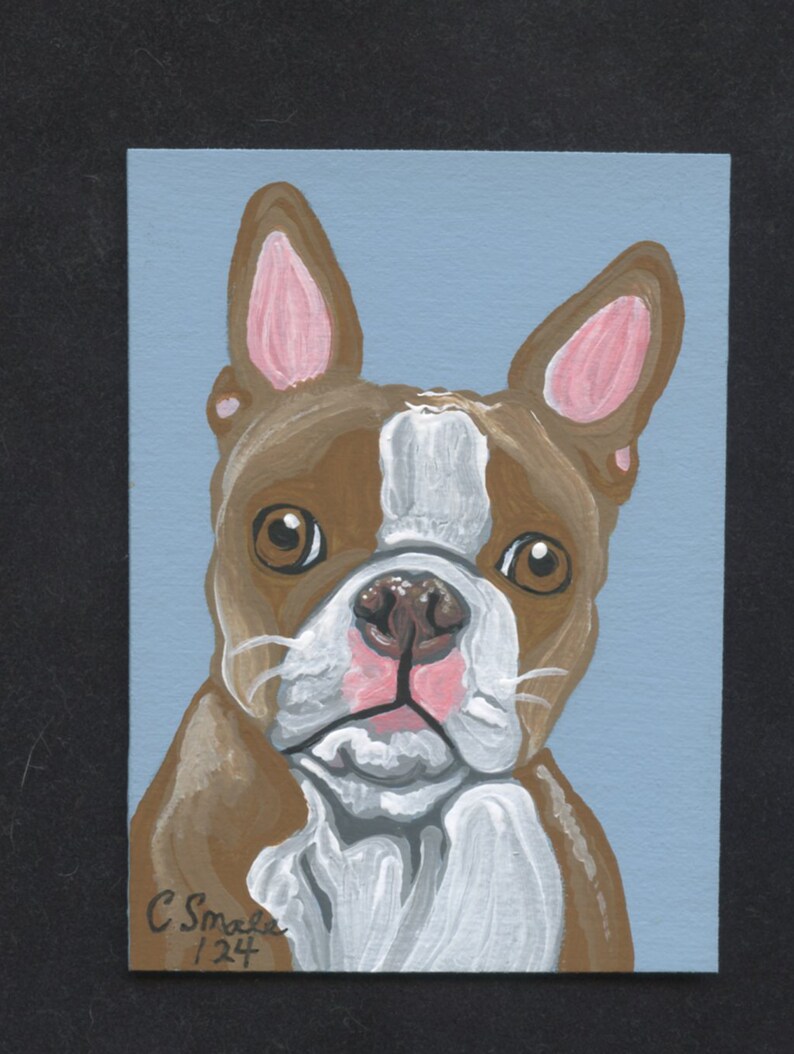 Peinture miniature à la gouache originale ACEO ATC/Red Boston Terrier/chien/Portrait Art-Carla Smale image 2