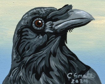 Peinture miniature à la gouache ACEO ATC/corbeau/corbeau/oiseau/portrait animalier Art-Carla Smale