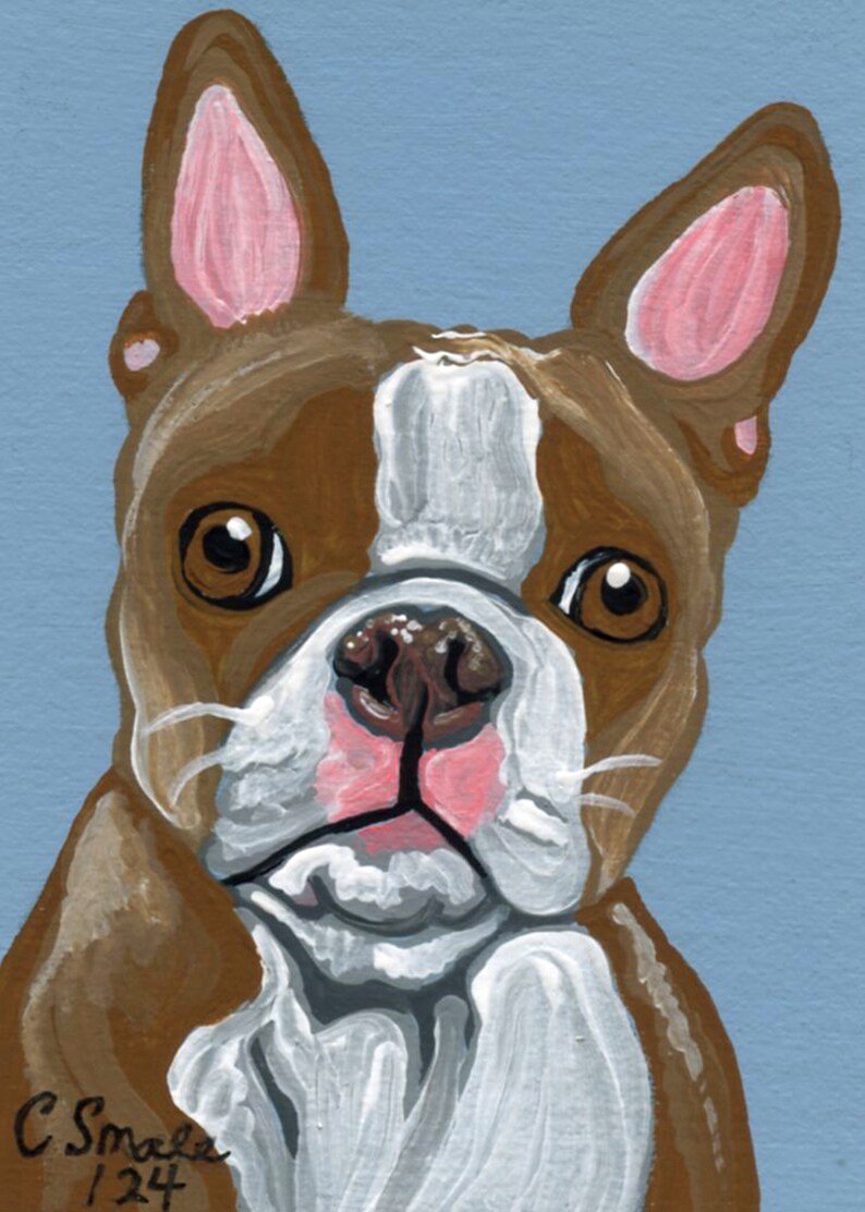 Peinture miniature à la gouache originale ACEO ATC/Red Boston Terrier/chien/Portrait Art-Carla Smale image 1