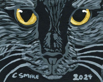 Peinture miniature à la gouache originale ACEO ATC/animal de compagnie chat noir/Portrait Art-Carla Smale