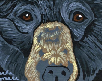 Peinture miniature à la gouache originale ACEO ATC/ours noir/faune/portrait Art-Carla Smale