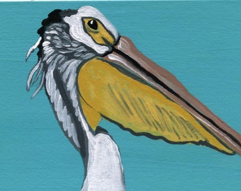 Peinture miniature à la gouache originale ACEO ATC/pélican blanc/oiseau/portrait animalier Art-Carla Smale