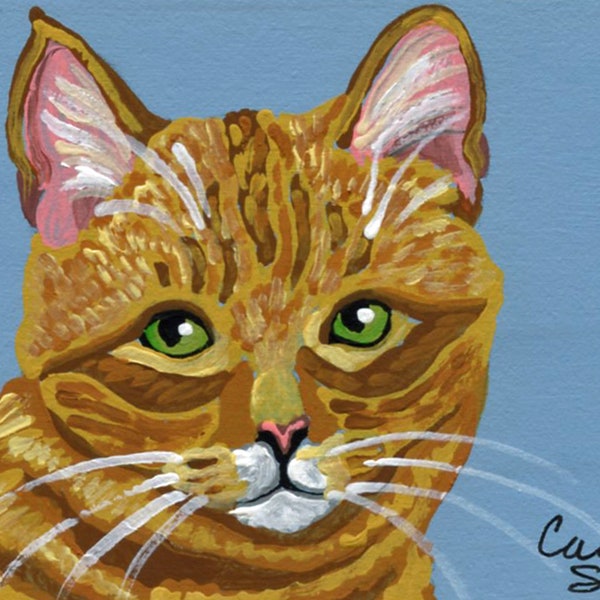 ACEO ATC Original Gouache Miniature Painting/Orange Tabby Cat Pet/ Portrait Art-Carla Smale