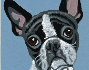 Peinture miniature à la gouache originale ACEO ATC/ Terrier de Boston/chien/ Portrait Art-Carla Smale