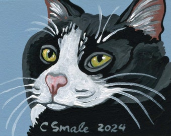 Peinture miniature à la gouache originale ACEO ATC/Smoking chat animal de compagnie/Portrait Art-Carla Smale