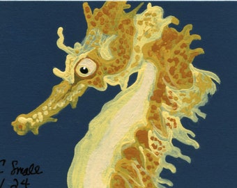 ACEO ATC Original peinture miniature à la gouache/hippocampe/poisson/ portrait animalier Art-Carla Smale