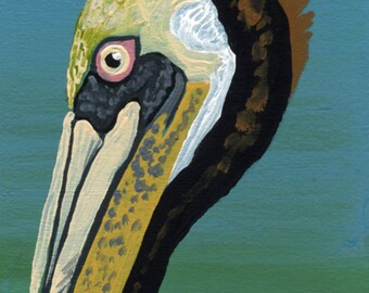 Peinture miniature à la gouache originale ACEO ATC/pélican/faune/oiseau/Portrait Art-Carla Smale