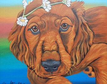 Un portrait d’animal de compagnie Gouache acrylique -16 x 16- Pet Irish Setter Puppy with Flowers Painting Original Art