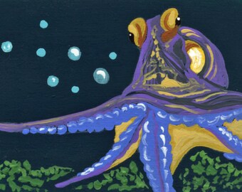 ACEO ATC Original Gouache Miniature Painting/Octopus Fish Marine/ Wildlife Portrait Art-Carla Smale