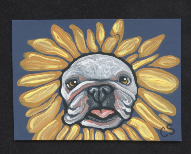 ACEO ATC Halloween English Bulldog Sunflower Original Painting Pet Dog Art-Carla Smale