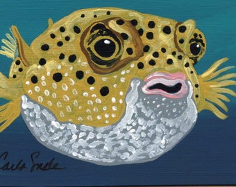 ACEO ATC Original Gouache Miniature Painting/Puffer Fish/Marine/ Wildlife Portrait Art-Carla Smale