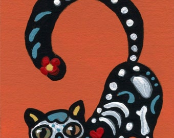 ACEO ATC Original Gouache Miniature Painting/Day of the Dead Black Cat/Pet/ Portrait Art-Carla Smale