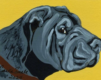 Peinture miniature à la gouache originale ACEO ATC/Sharpei/Animal de compagnie/Portrait Art-Carla Smale