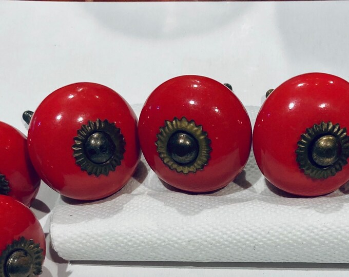 Vintage Red Ceramic Ball Drawer Pulls....set of 6 Pulls....includes