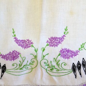 Vintage Hand Embroidered Table Runner White with Purple Flowers Purple Lace Border Vintage Linens image 2