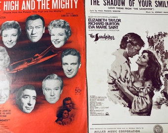 Set of 2 Movie Sheet Music "The Shadow of Your Smile" and "The High and The Mighty" .Piano..Vocal.Movie Music...Theme Music...Liz Taylor