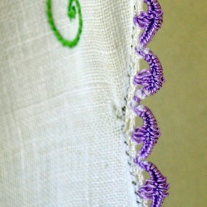 Vintage Hand Embroidered Table Runner White with Purple Flowers Purple Lace Border Vintage Linens image 4