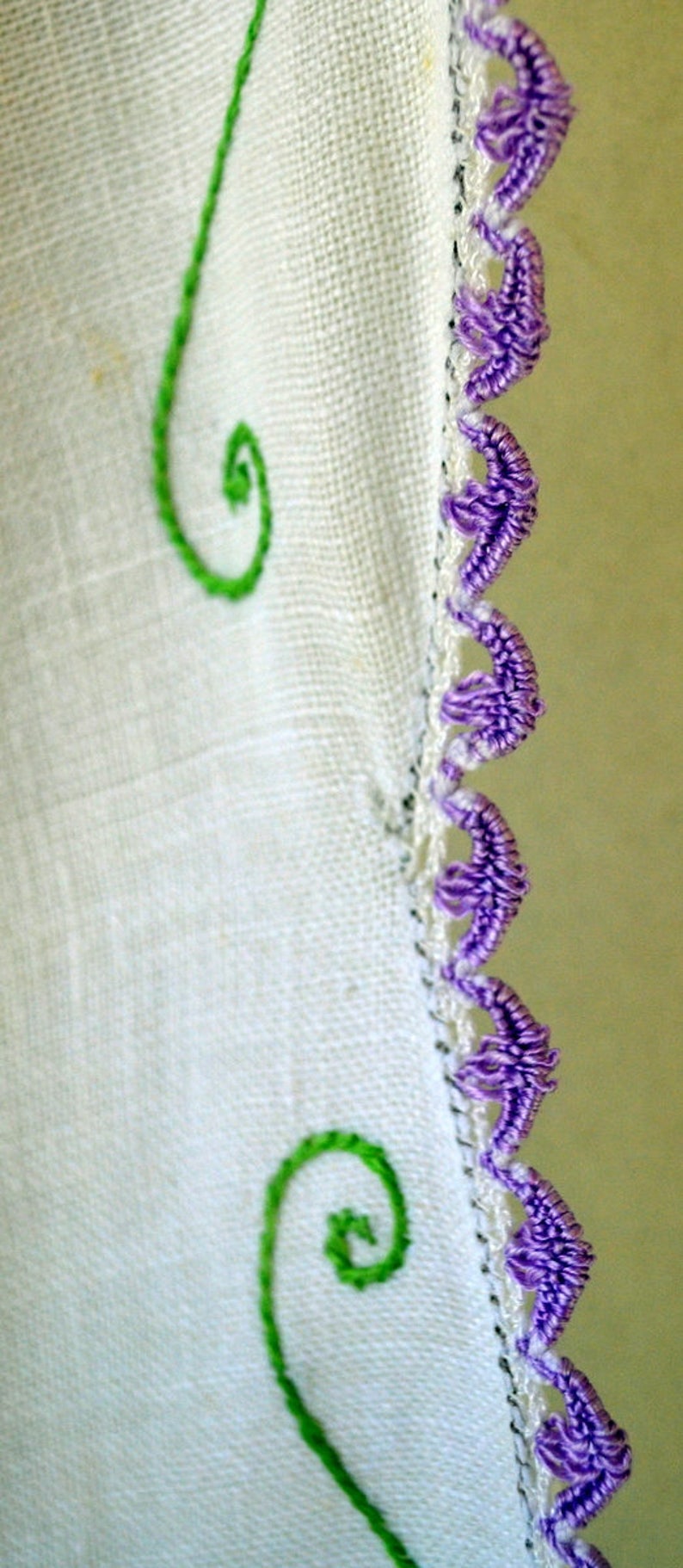 Vintage Hand Embroidered Table Runner White with Purple Flowers Purple Lace Border Vintage Linens image 4