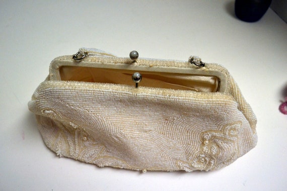 White Beaded Purse...Pearl Flowers....Metal Clasp… - image 1